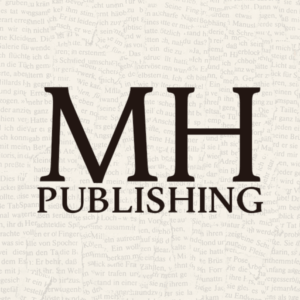 MH Publishing Logo featuring dark brown text that reads "MH" above the word "PUBLISHING" in all caps against an off-white background comprising a collage of book pages.